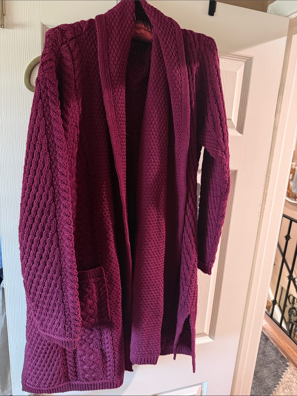 Gorgeous Aran Knit Open-Front Cable Knit Cardigan Sweater - Deep Berry/Wine XL